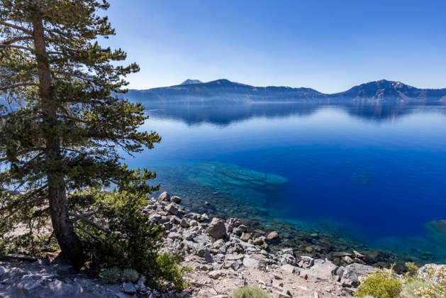 USA, Oregon, Clear sky over calm Crater lake , 19.07.2024, ,property released TTBB_tbs5132984.jpg, Outdoors,No People,Caldera,Day,Landscape - Scenery,Tree,Lake,Sunlight,Clear Sky,Water,Surface,Reflection,Scenics - Nature,Beauty In Nature,Tranquil Scene,Travel,Summer,Blue,Nature,Landscape,Crater Lake,Rock - Object,Lakeshore,Horizontal,Oregon,USA Copyright: xTetraxImages StevexSmithx