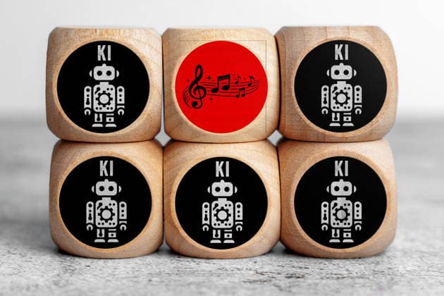 Bavaria, Germany - February 3, 2026: PHOTO MONTAGE, wooden cubes with AI symbols surround a musical note, representing the conflict between artificial intelligence and music. The image visualizes copyright, reproduction, and the legal issues surrounding AI-generated music. *** FOTOMONTAGE, Holzwürfel mit KI-Symbolen umgeben ein Musikzeichen und stehen für den Konflikt zwischen künstlicher Intelligenz und Musik. Das Bild visualisiert Urheberrecht, Nachbau und die rechtlichen Fragen bei KI-generierter Musik.