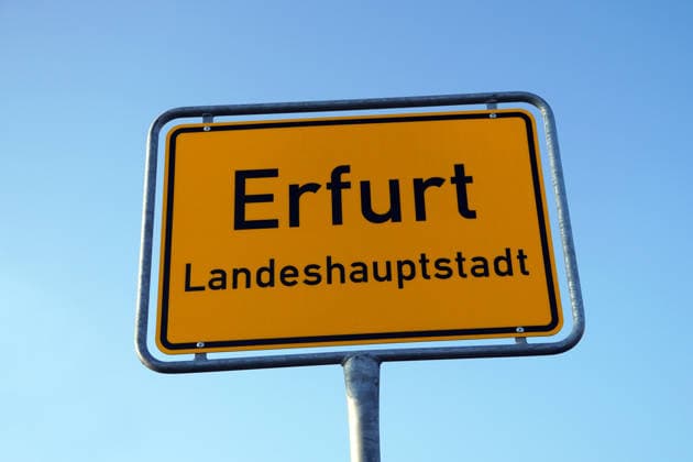 Erfurt, Landeshauptstadt Thüringens, Ortseingangsschild, Ortstafel *** Erfurt, State capital Thuringia, Town entrance sign, Place-name sign 1131607811