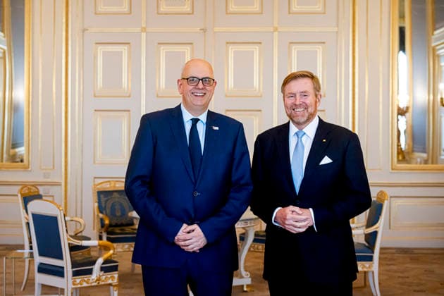 04-02-2026 Palace King Willem-Alexander during a meeting with Andreas Bovenschulte, President of the Federal Council of Germany, in the balkonroom at palace Noordeinde in The Hague. Â Copyright: xPPEx