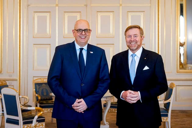 04-02-2026 Palace King Willem-Alexander during a meeting with Andreas Bovenschulte, President of the Federal Council of Germany, in the balkonroom at palace Noordeinde in The Hague. Â Copyright: xPPEx