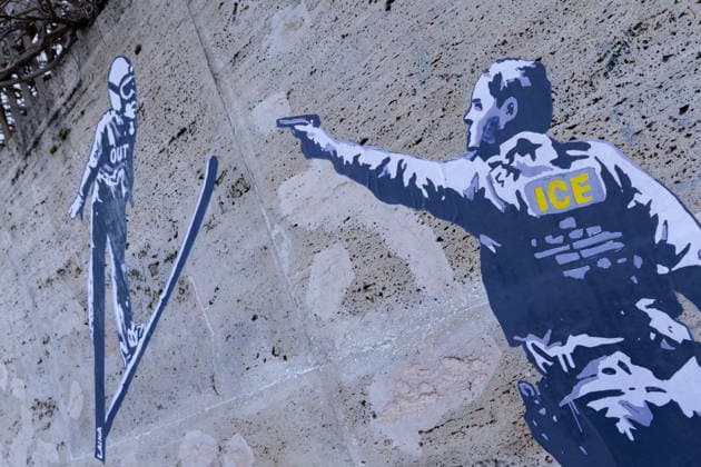The new work by street artist Laika, entitled Ice out! , against the presence of ICE agents at the Milan-Cortina Olympics, appeared in Rome in front of the CONI headquarters on Viale Tiziano.  Copyright: xMatteoxNardonex xipa-agency.netx xMatteoxNardonex IPA_Agency_IPA70992718