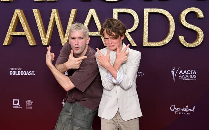 AACTA AWARDS 2026, Danny Philippou (left) and Jonah Wren Phillips (right) are seen posing for a photo on the red carpet at the 2024 AACTA Awards at HOTA in Surfers Paradise, Queensland, Friday, February 6, 2026. ( NO ARCHIVING BRISBANE QUEENSLAND AUSTRALIA  Copyright: xDARRENxENGLANDx 20260206184144951575