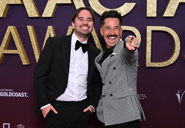 AACTA AWARDS 2026, Scott O Halloran and Luke O Halloran are seen posing for a photo on the red carpet at the 2024 AACTA Awards at HOTA in Surfers Paradise, Queensland, Friday, February 6, 2026. ( NO ARCHIVING BRISBANE QUEENSLAND AUSTRALIA  Copyright: xDARRENxENGLANDx 20260206118944302328