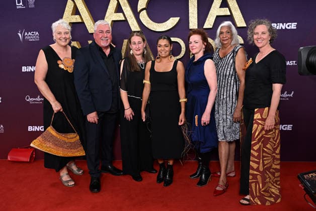 AACTA AWARDS 2026, (L-R) Cathy Gallagher, Allan Collins, Rachel Clements, Phoebe Gulpilil, Maggie Miles, Trisha Morton-Thomas and Anna Cadden are seen posing for a photo on the red carpet at the 2024 AACTA Awards at HOTA in Surfers Paradise, Queensland, Friday, February 6, 2026. ( NO ARCHIVING BRISBANE QUEENSLAND AUSTRALIA Copyright: xDARRENxENGLANDx 20260206151640846506