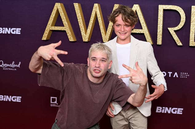 AACTA AWARDS 2026, Danny Philippou (left) and Jonah Wren Phillips (right) are seen posing for a photo on the red carpet at the 2024 AACTA Awards at HOTA in Surfers Paradise, Queensland, Friday, February 6, 2026. ( NO ARCHIVING BRISBANE QUEENSLAND AUSTRALIA  Copyright: xDARRENxENGLANDx 20260206140228919766