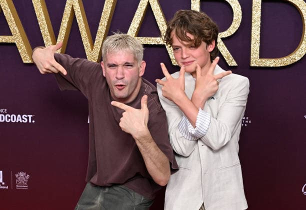 AACTA AWARDS 2026, Danny Philippou (left) and Jonah Wren Phillips (right) are seen posing for a photo on the red carpet at the 2024 AACTA Awards at HOTA in Surfers Paradise, Queensland, Friday, February 6, 2026. ( NO ARCHIVING BRISBANE QUEENSLAND AUSTRALIA  Copyright: xDARRENxENGLANDx 20260206116190917834
