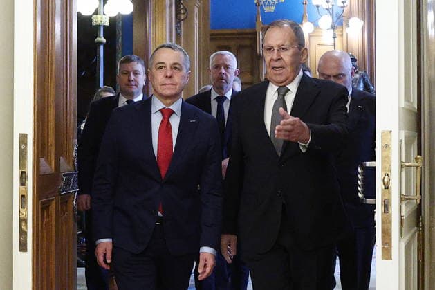 News Bilder des Tages RUSSIA, MOSCOW - FEBRUARY 6, 2026: OSCE Chairperson-in-Office Ignazio Cassis, head of Switzerland s Federal Department of Foreign Affairs, Federal Councillor of the Swiss Confederation, and Russia s Foreign Minister Sergei Lavrov (L-R front) meet for talks at the Russian Foreign Ministry s Reception House. Pictured: OSCE Secretary General Feridun Sinirlioglu (R background.) Sofya Sandurskaya TASS  88273575