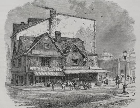 Boston Tea Party (1773). Old House, formerly in Dock Square, where the tea-plot is said to have been hatched. 19th-century engraving. Boston Tea Party. It took place on 16 December 1773. American colonists, disguised as Mohawk Native Americans, threw more than three hundred boxes of tea into the sea. It was an act of protest by the Sons of Liberty against Great Britain, to protest against the tea taxes and the monopoly exercised by the East India Company to trade it. Old House, formerly in Dock Square, where the tea-plot is said to have been hatched. Engraving. Historia biografica de los Presidentes de los Estados Unidos (Biographical story of the Presidents of the United States). Published in Barcelona by Montaner y Simon, 1885. Boston  Copyright: xKenaxImagesx 353-46036