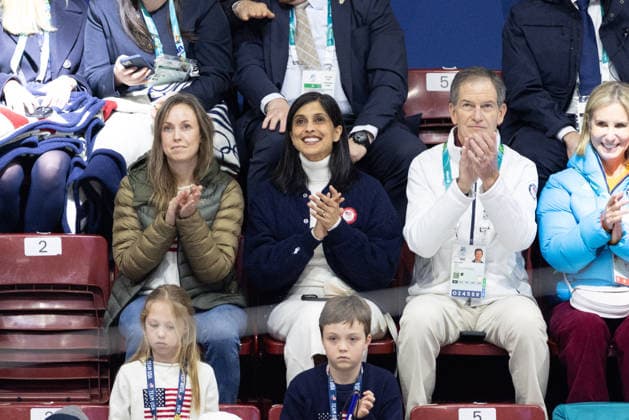 Winter Olympics - Usha Vance At Figure Skating Please hide children’s faces prior to the publication - Usha Vance attend the figure skating team event at the Milan Cortina 2026 Winter Olympics in Milan, Italy on February 6, 2026. The family was seen among spectators during the Olympic competition. Photo by Alexis Jumeau ABACAPRESS.COM Milan Italy  Copyright: xJumeauxAlexis ABACAx