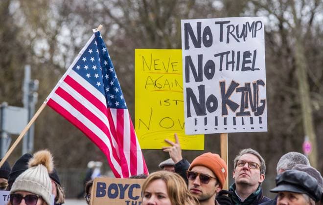 February 7, 2026, Munich, Bavaria, Germany: Americans from Democrats Abroad and German supporters held a memorial and march to protest the killings of Renee Good and Alex Pretti by ICE agents. The demonstrators went further to demonstrate in front of the US Consulate of Munich to demand Ã¢â‚¬oeICE OutÃ¢â‚¬Â- an end to state-sponsored violence. The demonstration started at the historic Geschwister-Scholl-Platz, named for Sophie and Hans Scholl of the White Rose Movement to commemorate MunichÃ¢â‚¬â ¢s history of moral courage and resistance in the face of rising authoritarianism. Munich Germany - ZUMAb160 20260207_abp_b160_019 Copyright: xSachellexBabbarx