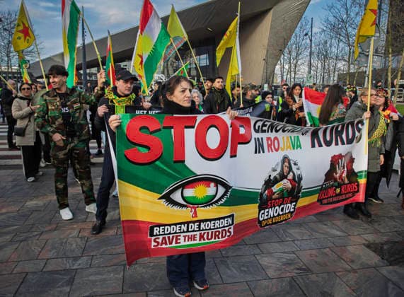 Kurdish Solidarity Demonstration in Rotterdam A Kurdish woman wearing traditional dress attends a demonstration in Rotterdam, the Netherlands, on February 07, 2026. The protest was held to show solidarity with Kurdish communities in northeast Syria (Rojava) and other Kurdish regions, calling for international protection and recognition of Kurdish rights. Rotterdam The Netherlands  Copyright: xMatrixxImagesx xHedayatullahxAmix