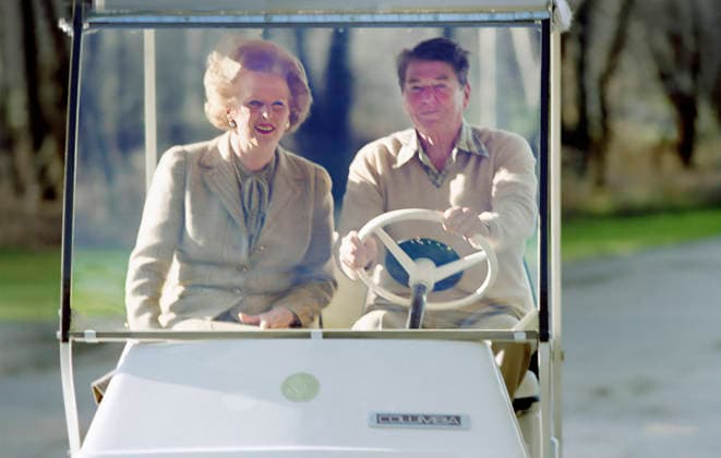 U.S. President Ronald Reagan driving golf cart with British Prime Minister Margaret Thatcher, Camp David, Frederick County, Maryland, USA, President Ronald Reagan White House Photographic Office, December 22, 1984  Copyright: xCircaxImagesx ghi-circa13836