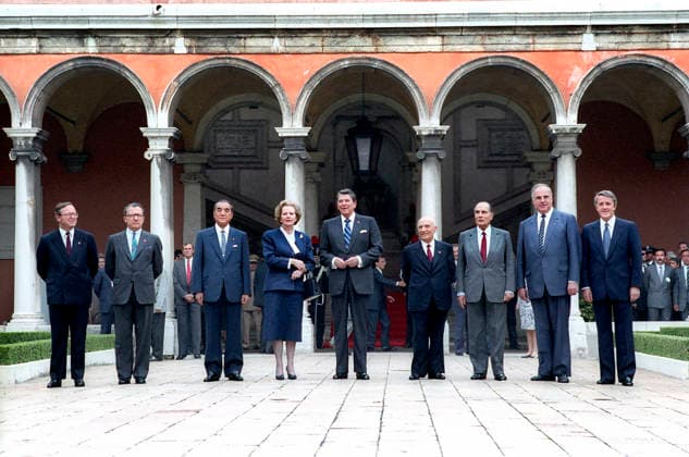 June 9, 1987, Venice, Italy: Prime Minister of Belgium Wilfried Martens, President of the European Commission Jacques Delors, Prime Minister of Japan, Yasuhiro Nakasone, Prime Minister of United Kingdom Margaret Thatcher, U.S. President Ronald Reagan, Prime Minister of Italy Amintore Fanfani, President of France Francois Mitterand, Chancellor of Germany Helmut Kohl and Prime Minister of Canada Brian Mulroney attending G-7 Economic Leaders Summit, Giorgio Cini Foundation, Venice, Italy, President Ronald Reagan White House Photographic Office, June 9, 1987 Venice Italy  - ZUMAg145 19870609_zap_g145_002 Copyright: xJTxVintagex
