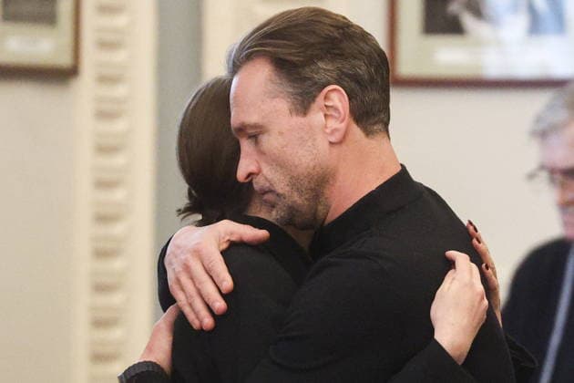 RUSSIA, MOSCOW - FEBRUARY 9, 2026: Actors Viktor Dobronravov and Anna Chipovskaya share a hug during a farewell ceremony for actress Olga Chipovskaya in the Great Portrait Foyer of the Vakhtangov State Academic Theatre. Chipovskaya passed away on February 4 at the age of 67 Moscow Russia  - ZUMAt113 20260209_zaa_t113_125 Copyright: xSofyaxSandurskayax