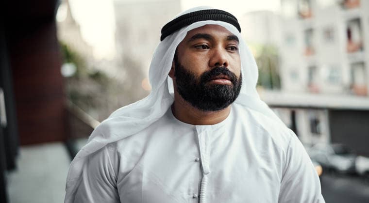 Thinking, idea and business with muslim man on balcony for middle east developer, growth or memory. Vision, Arab property investor and international expansion with person outdoor for project. model released property released Copyright: xwww.peopleimages.comx