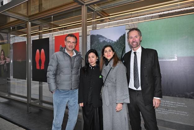 Milan, Italy The Luxury Icons inauguration and presentation at the MonteNapoleone District, the initiative included in the program of the Cultural Olympics of Milan Cortina 2026. In the photo: Alessia Cappello, Minister for Economic Development and Labor Policies of the Municipality of Milan, Guglielmo Miani, President of the MonteNapoleone District, Stefano Mologn, organizer of the exhibition, Chen Man, photographer of the exhibition  Copyright: xNickxZonnax xipa-agency.netx xNickxZonnax IPA_Agency_IPA71223163