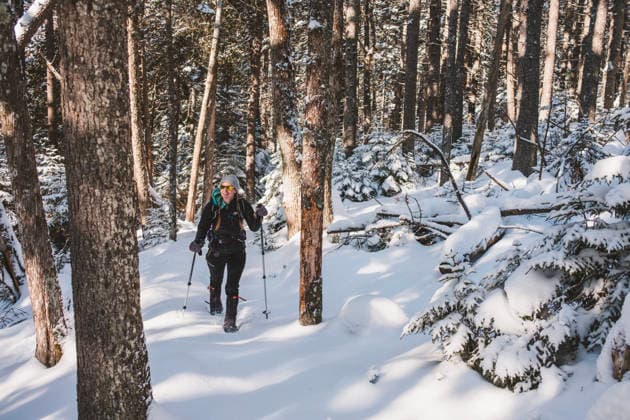 Happy hiker smiles while walking through snowy woods in Maine Bar Harbor, Maine, United States CR_SSNF26021082-1958066-01 ,model released, Symbolfoto