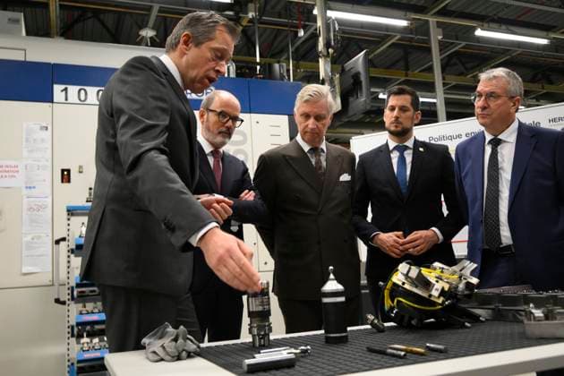 King Philippe Visits FN Browning HERSTAL, BELGIUM - FEBRUARY 11 : King Philippe of Belgium, Julien Compere CEO FN Herstal, Pierre-Yves Jeholet (MR), Vice-Chairman and Walloon Minister for the Economy, Industry, the Digital Economy, Employment and Training and Adrien Dolimont (MR), Minister-President of Wallonia, responsible for Budget, Finance, Research and Animal Welfare pictured visiting the FN Browning factory in Herstal on February 11, 2026 in Herstal, Belgium, 11 02 2026 Herstal Belgium Copyright: xPhilipxReynaersx
