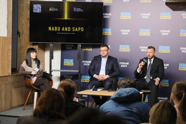 Moderator Olha Atamanova, Director of the National Anti-Corruption Bureau of Ukraine Semen Kryvonos, and Head of the Specialized Anti-Corruption Prosecutor’s Office Oleksandr Klymenko (L to R) take part in a briefing to present the report on the activities of NABU and SAPO in the second half of 2025 at the Media Center Ukraine, Kyiv, Ukraine, February 10, 2026. In the second half of 2025, NABU and SAPO reached a new level in exposing corruption in strategic sectors of the economy and defence. Despite Russian aggression, the agencies carried out large-scale operations in the energy sector, uncovered corruption schemes in military procurement, and exposed cases involving high-ranking officials. Twelve top officials were served with suspicions Copyright: xYuliiaxOvsiannikovax