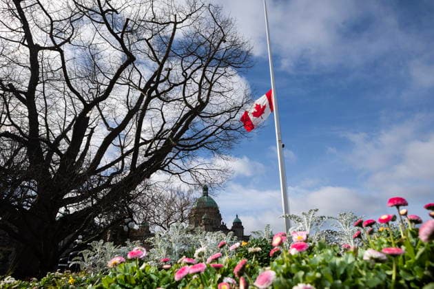 February 11, 2026, Victoria, Bc, CAN: The Canadian flag hangs at half-mast at the legislature in Victoria, B.C., on Wednesday, Feb. 11, 2026 in honour of the victims in the mass shooting in Tumbler Ridge, B.C. Victoria CAN  - ZUMAc35_ 20260211_zaf_c35_200 Copyright: xChadxHipolitox