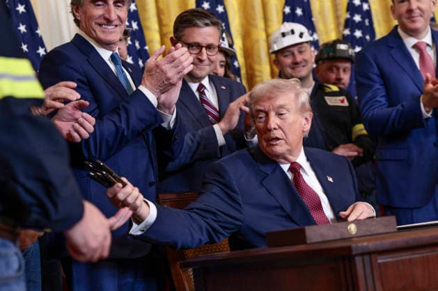 US President Donald J. Trump delivers remarks during the Champion of Coal Event US President Donald J. Trump gives the pens away as souvenirs after he signed an executive order during the Champion of Coal Event in the East Room of the White House in Washington, DC, USA, 11 February 2026. President Trump’s executive order directs the US military to purchase electricity from coal-fired power plants. For his efforts on behalf of the coal industry President Trump was awarded the Undisputed Champion of Coal award from lobbyists at the Washington Coal Club. WASHINGTON DISTRICT OF COLUMBIA United States  Copyright: xPool ABACAx