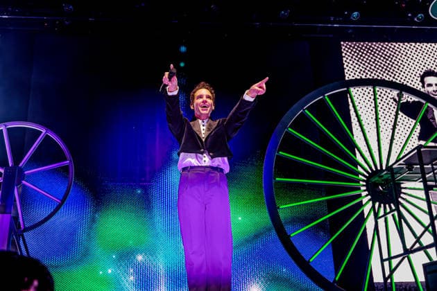 February 11, 2026, Manchester, United Kingdom: Mika (MICHAEL HOLBROOK PENNIMAN JR) performs on stage at the AO Arena, Manchester, UK, during his Spinning Out tour, delivering a flamboyant, high-energy set to a packed arena crowd. Manchester United Kingdom  - ZUMAp211 20260211_aap_p211_007 Copyright: xAndyxVonxPipx