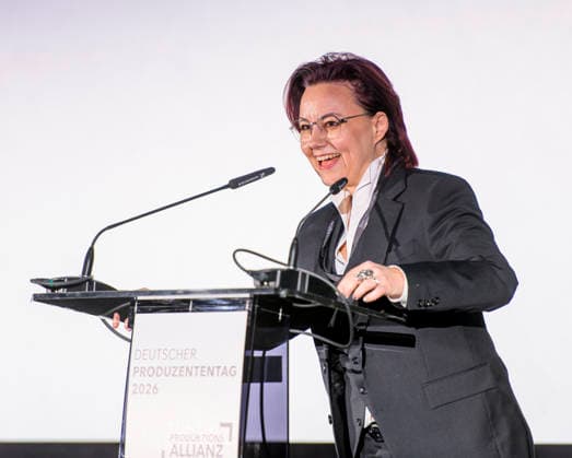Michelle Müntefering EUR, Deutschland, Berlin. 12.02.2026: Rede von Michelle Müntefering, CEO und Sprecherin des Gesamtvorstands der Produktionsallianz. Unter dem Motto Gemeinsam stärker: Deutschlands Filmwirtschaft im internationalen Wettbewerb bringt der Deutsche Produzententag 2026 vor Eröffnung der Berlinale zentrale Akteurinnen und Akteure der nationalen und internationalen Filmwirtschaft zusammen.