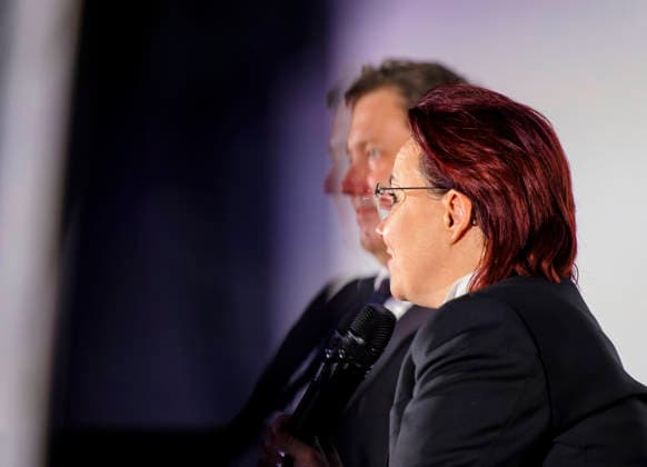 Lars Klingbeil + Michelle Müntefering EUR, Deutschland, Berlin. 12.02.2026: Bundesfinanzminister und Vizekanzler Lars Klingbeil (SPD) im Gespräch mit Michelle Müntefering, CEO und Sprecherin des Gesamtvorstands der Produktionsallianz. Auftakt der zur Berlinale - Deutschen Produzententag 2026 in Berlin. Unter dem Motto Gemeinsam stärker: Deutschlands Filmwirtschaft im internationalen Wettbewerb bringt der Deutsche Produzententag 2026 vor Eröffnung der Berlinale zentrale Akteurinnen und Akteure der nationalen und internationalen Filmwirtschaft zusammen.