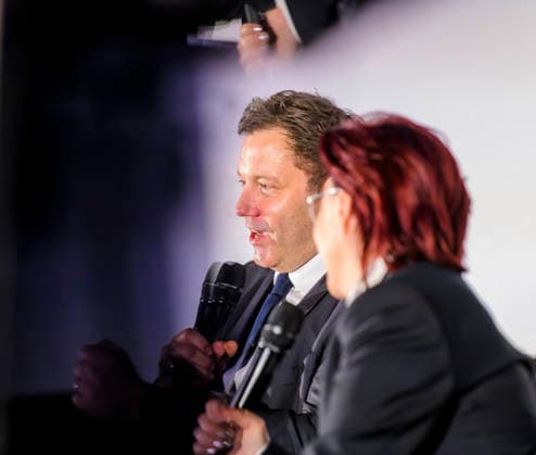 Lars Klingbeil + Michelle Müntefering EUR, Deutschland, Berlin. 12.02.2026: Bundesfinanzminister und Vizekanzler Lars Klingbeil (SPD) im Gespräch mit Michelle Müntefering, CEO und Sprecherin des Gesamtvorstands der Produktionsallianz. Auftakt der zur Berlinale - Deutschen Produzententag 2026 in Berlin. Unter dem Motto Gemeinsam stärker: Deutschlands Filmwirtschaft im internationalen Wettbewerb bringt der Deutsche Produzententag 2026 vor Eröffnung der Berlinale zentrale Akteurinnen und Akteure der nationalen und internationalen Filmwirtschaft zusammen.