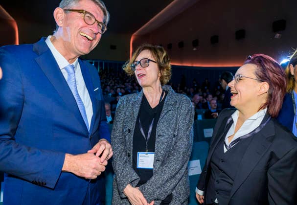 Weimer + de Mardt + Münferering EUR, Deutschland, Berlin. 12.02.2026: Staatsminister Wolfram Weimer, Beauftragter der Bundesregierung für Kultur und Medien, Sabine de Mardt - Filmproduzentin und GF der Gaumont GmbH und Michelle Müntefering, CEO und Sprecherin des Gesamtvorstands der Produktionsallianz. Deutschen Produzententag 2026 in Berlin. Unter dem Motto Gemeinsam stärker: Deutschlands Filmwirtschaft im internationalen Wettbewerb bringt der Deutsche Produzententag 2026 vor Eröffnung der Berlinale zentrale Akteurinnen und Akteure der nationalen und internationalen Filmwirtschaft zusammen.