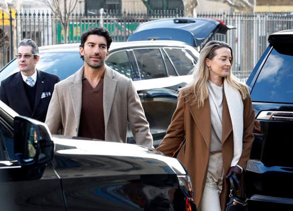 Justin Baldoni arrives at U.S. District Court in Manhattan with Emily Baldoni regarding his case against Jonesworks PR boss Stephanie Jones, whom he sued in March 2025. on Thursday, February 12, 2026 in New York City. Justin Baldoni and Jennifer Abel have filed a lawsuit against publicist Stephanie Jones as part of the ongoing legal battle between the It Ends With Us director and cast member Blake Lively.  NYP20260212101 JOHNxANGELILLO