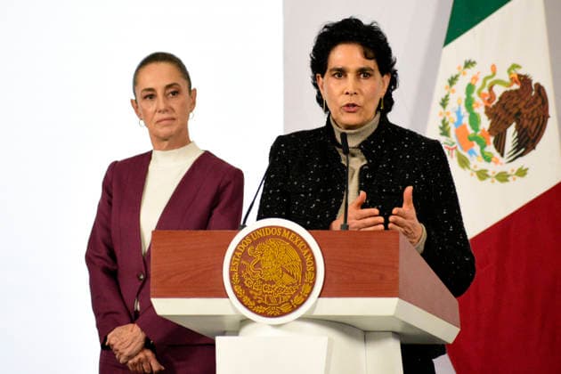 Mexico™s President Claudia Sheinbaum News Conference Mexico™s President Claudia Sheinbaum Pardo is seen behind while director of the Mexican Geological Survey, Flor de Maria Harp Iturribarria speak during a briefing about the mineral concessions recovered by the State at National Palace. on February 12, 2026 in Mexico City, Mexico. (Photo by Luis Barron Eyepix Group) Copyright: xLuisxBarronx xEyepixxGroupx LB_12022026_175925