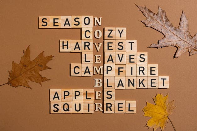 Crossword puzzle made with wooden blocks and leaves A creative crossword puzzle composed of wooden blocks arranged on a brown background, adorned with autumn leaves. The words evoke a cozy, seasonal atmosphere. Model Released Yanishevska_ID32728_1114259_014 Copyright: xYanishevskax RECORD DATE NOT STATED