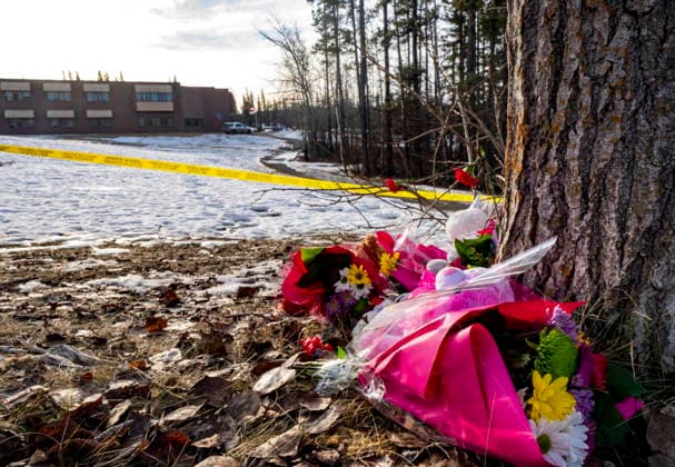 February 12, 2026, Tumbler Ridge, Bc, CANADA: A small memorial of flowers rests down the path from the school where a mass shooting took place in Tumbler Ridge, B.C., on Thursday, Feb. 12, 2026. Tumbler Ridge CANADA  - ZUMAc35_ 20260212_zaf_c35_219 Copyright: xChristinnexMuschix