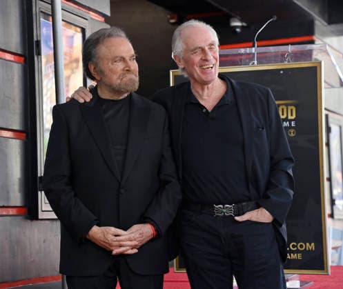 Italian actor Franco Nero (L) is joined by US actor Keith Carradine during an unveiling ceremony honoring him with the 2,835th star on the Hollywood Walk of Fame in Los Angeles on Thursday, February 12, 2026.  LAP2026021210 JIMxRUYMEN