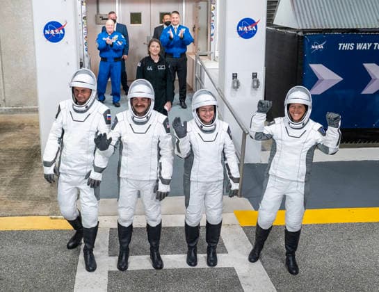 NASA s Crew-12 walks from operations building as they ready to board the SpaceX Dragon Spacecraft atop a Falcon 9 at Kennedy Space Center LC-40 in Florida on Friday, February 13, 2026. They are launching to the International Space Station. Pictured are NASA astronaut Commander Jessica Meir, NASA astronaut and Pilot Jack Hathaway, European Space Agency astronaut Sophie Adenot (R), and Roscosmos cosmonaut Andrey Fedyaev (L).  KSC2026021307 PATxBENIC