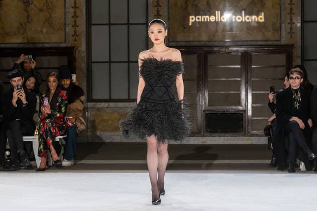 Pamella Roland fashion show during the New York Fashion Week in New York, USA - 12 Feb 2026 A model walks the runway for the Pamella Roland fashion show during the New York Fashion Week at the New York Public Library. New York United States Copyright: xRonxAdarx xSOPAxImagesx _radar_roland_20260212_00076