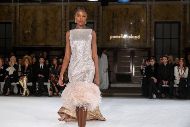Pamella Roland fashion show during the New York Fashion Week in New York, USA - 12 Feb 2026 A model walks the runway for the Pamella Roland fashion show during the New York Fashion Week at the New York Public Library. New York United States Copyright: xRonxAdarx xSOPAxImagesx _radar_roland_20260212_00234