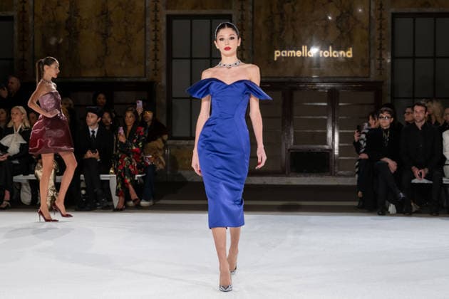 Pamella Roland fashion show during the New York Fashion Week in New York, USA - 12 Feb 2026 A model walks the runway for the Pamella Roland fashion show during the New York Fashion Week at the New York Public Library. New York United States Copyright: xRonxAdarx xSOPAxImagesx _radar_roland_20260212_00434