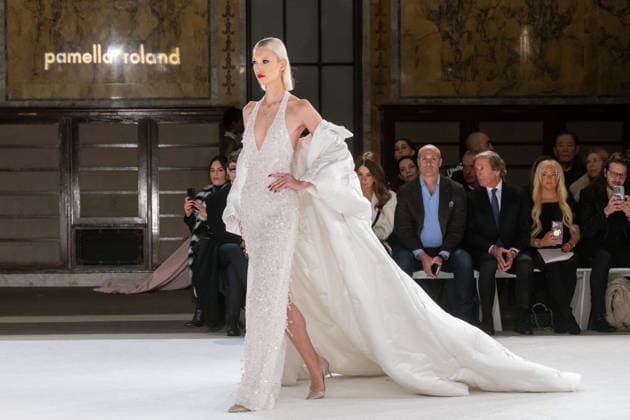 February 12, 2026, New York, United States: A model walks the runway for the Pamella Roland fashion show during the New York Fashion Week at the New York Public Library. New York United States - ZUMAs197 20260212_aaa_s197_611 Copyright: xRonxAdarx