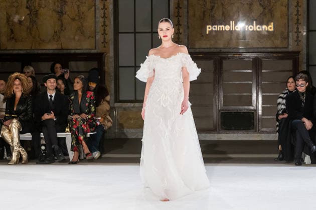 February 12, 2026, New York, United States: A model walks the runway for the Pamella Roland fashion show during the New York Fashion Week at the New York Public Library. New York United States - ZUMAs197 20260212_aaa_s197_614 Copyright: xRonxAdarx
