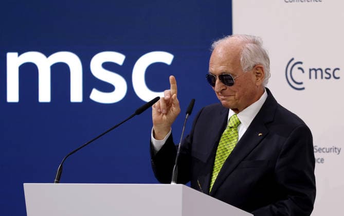 (260213) -- MUNICH, Feb. 13, 2026 -- Chairman of the Munich Security Conference (MSC) Wolfgang Ischinger is pictured wearing a pair of sunglasses at the opening ceremony of the 62nd MSC in Munich, Germany, Feb. 13, 2026. The 62nd Munich Security Conference kicked off on Friday against the backdrop of deepening transatlantic tensions and an increasingly volatile geopolitical landscape. ) GERMANY-MUNICH-62ND MUNICH SECURITY CONFERENCE-OPENING LixYing 