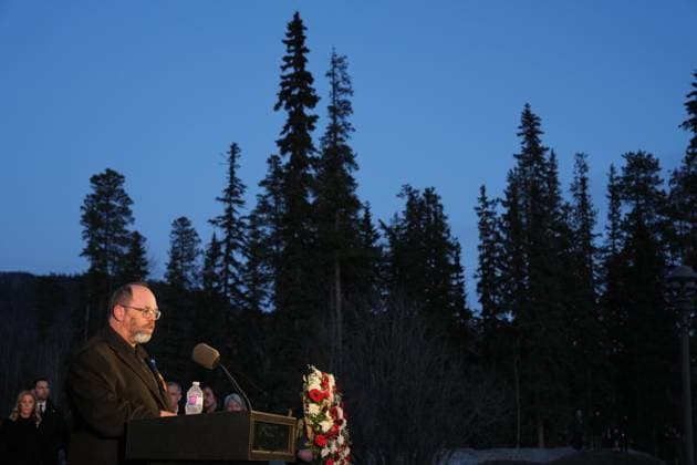 February 13, 2026, Tumbler Ridge, Bc, CANADA: Mayor of Tumbler Ridge Darryl Krakowka speaks while attending a vigil for the victims of a mass shooting, in Tumbler Ridge, B.C., Friday, Feb. 13, 2026. Tumbler Ridge CANADA  - ZUMAc35_ 20260213_zaf_c35_161 Copyright: xChristinnexMuschix