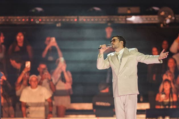 Bad Bunny performs first Buenos Aires concert of world tour BUENOS AIRES, ARGENTINA - FEBRUARY 13: Puerto Rican singer Bad Bunny performs during the first of his three scheduled shows at Estadio Monumental in Buenos Aires, Argentina, as part of his Debi Tirar Mas Fotos world tour, in Buenos Aires, Argentina on February 13, 2026. The artist arrived in Argentina following a high-profile appearance at the Super Bowl, where he delivered strong criticism of US policies, and after winning a Grammy Award, becoming the first Spanish-language album to receive the Album of the Year honor. The concert drew tens of thousands of fans, marking one of the most anticipated musical events of the year in the Argentine capital. Luciano Gonzalez Anadolu Bu  Copyright: x2026xAnadoluxLucianoxGonzalezx