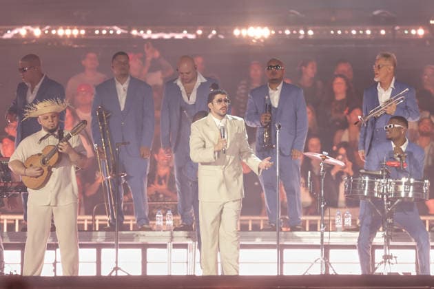 Bad Bunny performs first Buenos Aires concert of world tour BUENOS AIRES, ARGENTINA - FEBRUARY 13: Puerto Rican singer Bad Bunny performs during the first of his three scheduled shows at Estadio Monumental in Buenos Aires, Argentina, as part of his Debi Tirar Mas Fotos world tour, in Buenos Aires, Argentina on February 13, 2026. The artist arrived in Argentina following a high-profile appearance at the Super Bowl, where he delivered strong criticism of US policies, and after winning a Grammy Award, becoming the first Spanish-language album to receive the Album of the Year honor. The concert drew tens of thousands of fans, marking one of the most anticipated musical events of the year in the Argentine capital. Luciano Gonzalez Anadolu Bu Copyright: x2026xAnadoluxLucianoxGonzalezx