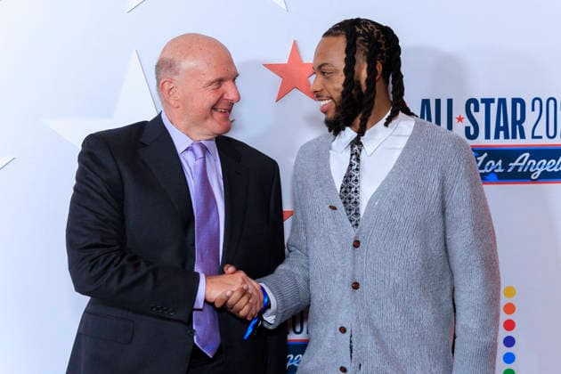 February 13, 2026, Los Angeles, California, USA: (L-R) Steve Ballmer and Darius Garland at the 2026 LA Clippers & Comcast NBCÃ¢â‚¬â ¢s Universal NBA All-Star Legendary Tip-Off Celebration on Friday February 13, 2026 at LACMA in Los Angeles, California. ARIANA RUIZ PI Los Angeles USA - ZUMAp124 20260213_zaa_p124_019 Copyright: xArianaxRuizx