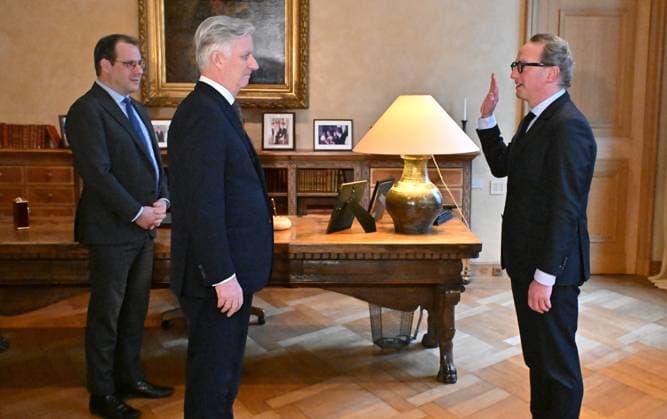Minister-President Takes The Oath Before The King BRUSSELS, BELGIUM - FEBRUARY 14 : Swearing-in ceremony before the King. Boris Dillies(MR) is sworn in as the new Minister-President of the Brussels-Capital Region before King Philippe in the presence of Vice Prime Minister David Clarinval (MR).. on February 14, 2026 in Brussels, Belgium, 14 02 2026 Brussels Belgium  Copyright: xBertxVanxDenxBrouckex