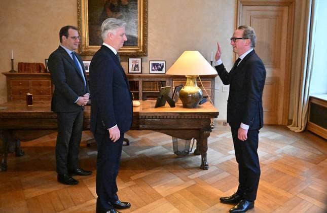 Minister-President Takes The Oath Before The King BRUSSELS, BELGIUM - FEBRUARY 14 : Swearing-in ceremony before the King. Boris Dillies(MR) is sworn in as the new Minister-President of the Brussels-Capital Region before King Philippe in the presence of Vice Prime Minister David Clarinval (MR).. on February 14, 2026 in Brussels, Belgium, 14 02 2026 Brussels Belgium  Copyright: xBertxVanxDenxBrouckex