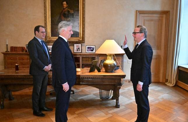 Minister-President Takes The Oath Before The King BRUSSELS, BELGIUM - FEBRUARY 14 : Swearing-in ceremony before the King. Boris Dillies(MR) is sworn in as the new Minister-President of the Brussels-Capital Region before King Philippe in the presence of Vice Prime Minister David Clarinval (MR).. on February 14, 2026 in Brussels, Belgium, 14 02 2026 Brussels Belgium  Copyright: xBertxVanxDenxBrouckex